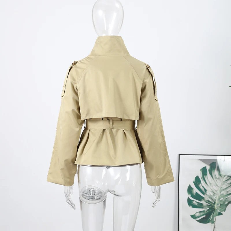 Fashion Belt Short Trench Coat Women Stand Collar Double Breasted Pocket Long Sleeve Coats 2025 Autumn Lady Commute Chic Outwear