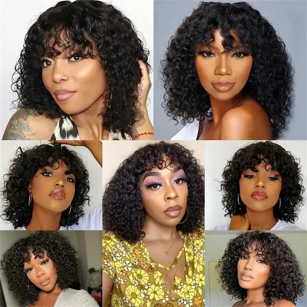 2x1 Curly Short Bob Wig Human Hair With Bangs Lace Glueless Curly Bob Wigs Human Hair Wig Natural Color For Women 180% Density