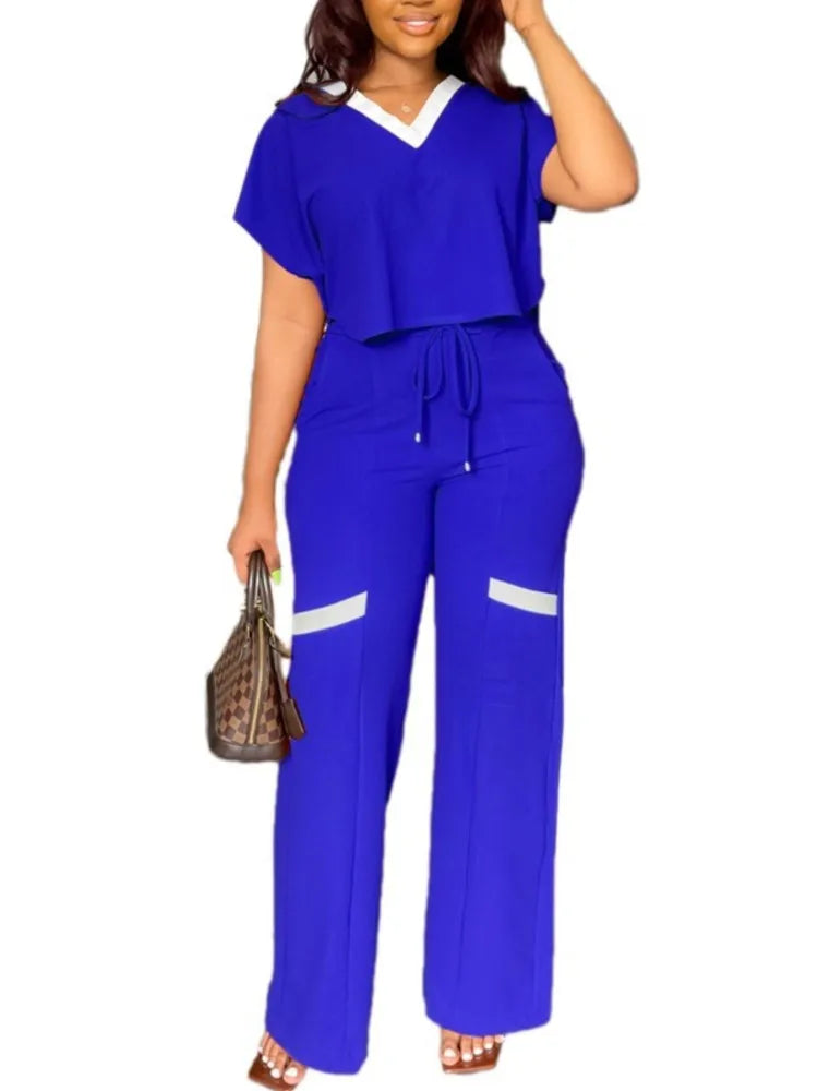 Elegant Women's Casual Short Sleeve T-shirt Sports Suit Summer Fashion Solid V Neck Short Top & Straight Pants Two Piece Sets