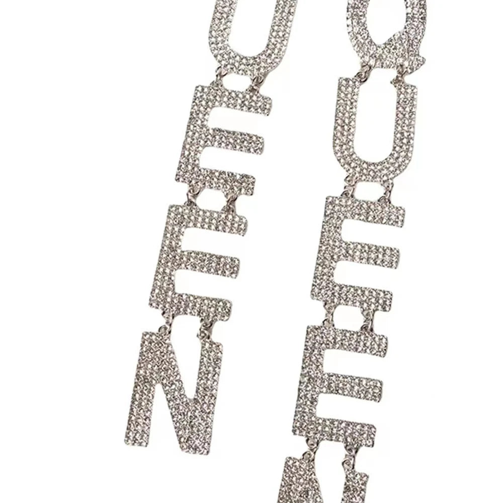 2022 Exaggerated Queen Rhinestone Earrings for Women Fashion Long Letters Pendant Earring Fashion Shiny Party Costume Jewelry