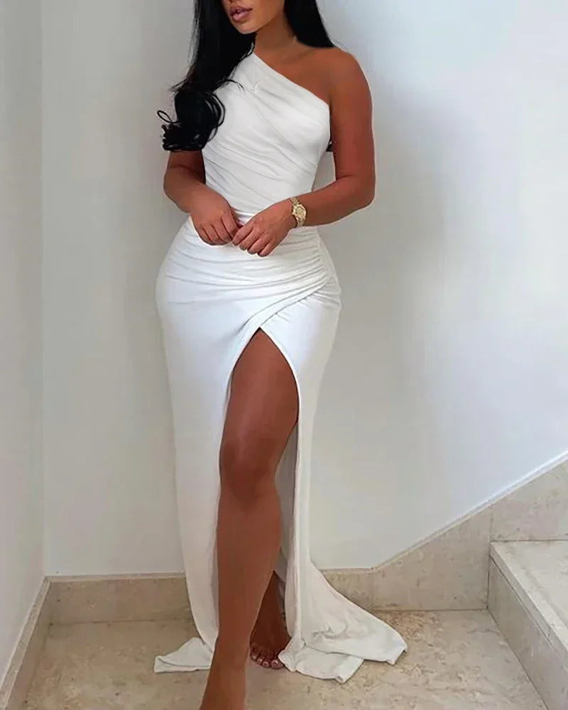 Summer Fashion Elegant Oblique Neck Evening Dress Women Sexy One Shoulder High Split Dress White Sexy Asymmetric Party Robes