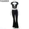 FAGADOER Sexy Lace See Through 2 Piece Sets Woman Outfit Hollow Out Crop Top + Flare Pants Female Y2K Streetwear Summer Spring