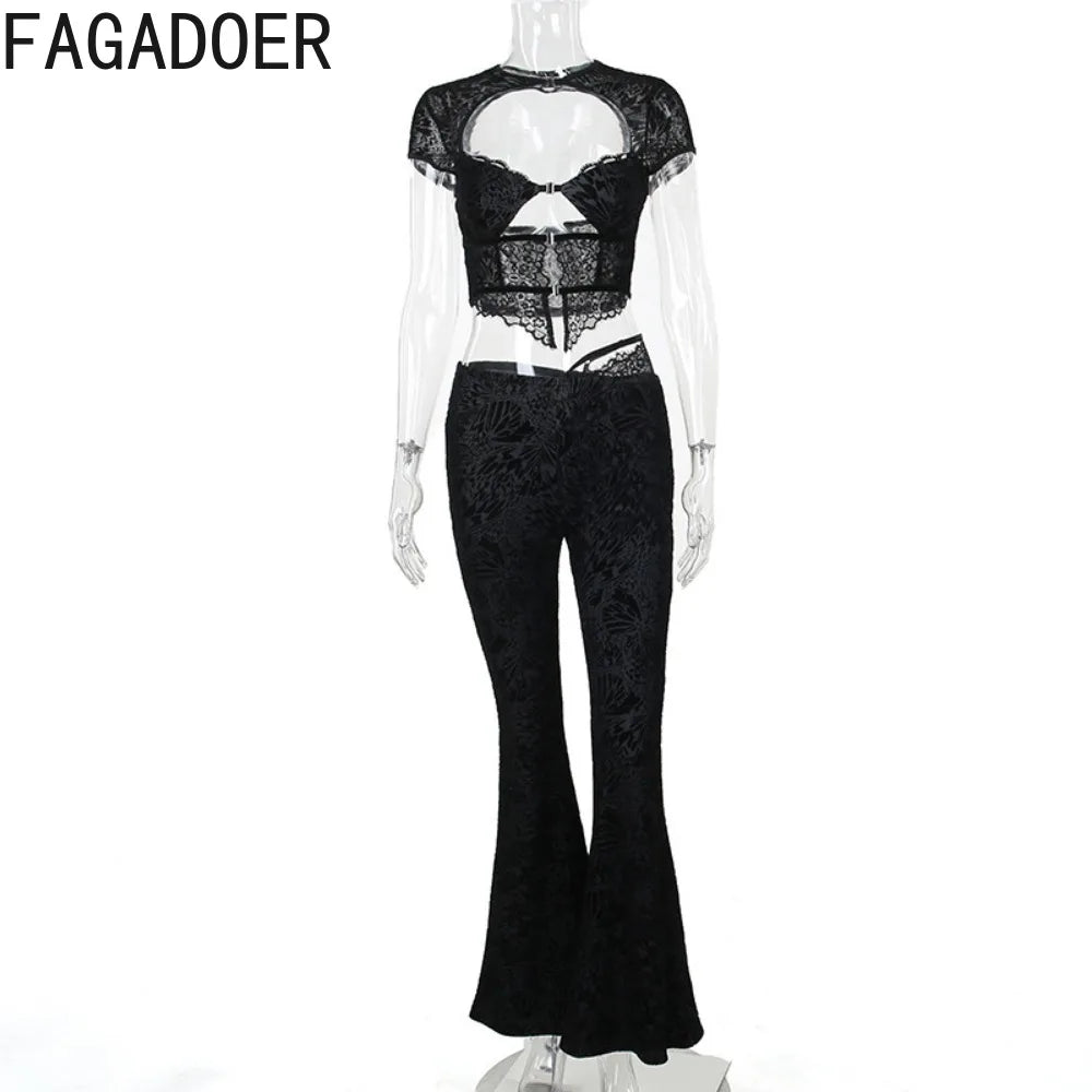 FAGADOER Sexy Lace See Through 2 Piece Sets Woman Outfit Hollow Out Crop Top + Flare Pants Female Y2K Streetwear Summer Spring