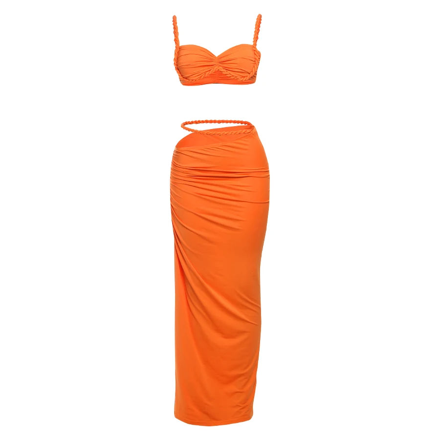 Nibber Sexy Women 2 Piece Set Bandage Ruched Square Collar Bra+Skinny Long Skirts 2025 Summer Vacation Beach Party Trend Suits