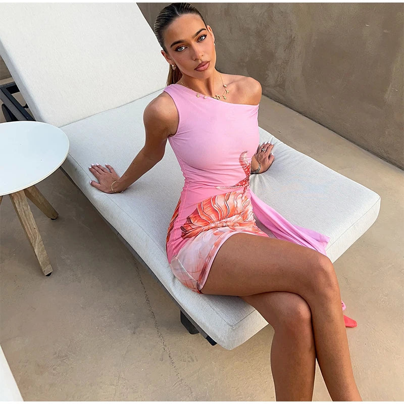 Chic Print Tassel Mini Dress Women Hollow Biased Collar Sheath High Stretch Pleated Beach Dresses 2025 Summer Bodycon Vestidos