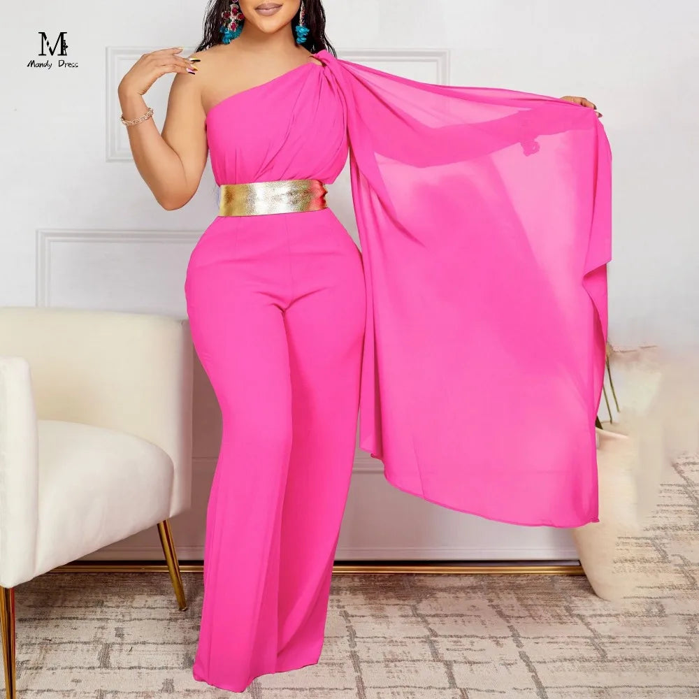 Elegant Women One Shoulder Jumpsuit with Belt Long Sleeve Spring Summer Plus Size One Piece Fashion Sexy Ladies Rompers 2024