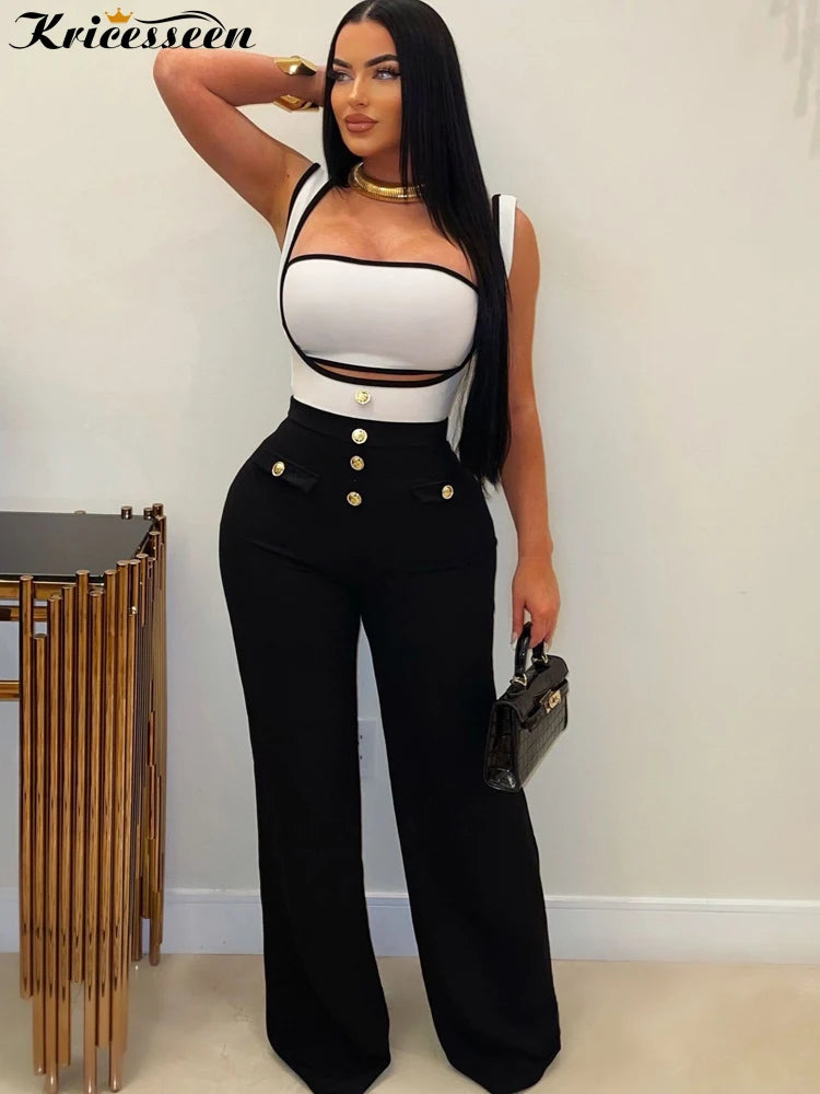 Kricesseen Elegant Button Details Cargo Jumpsuits Set Two-Piece Outfits Women Fitted Patchwork Wide Legs Jumpsuit Nightclub Wear