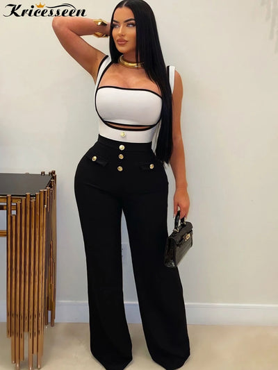 Kricesseen Elegant Button Details Cargo Jumpsuits Set Two-Piece Outfits Women Fitted Patchwork Wide Legs Jumpsuit Nightclub Wear