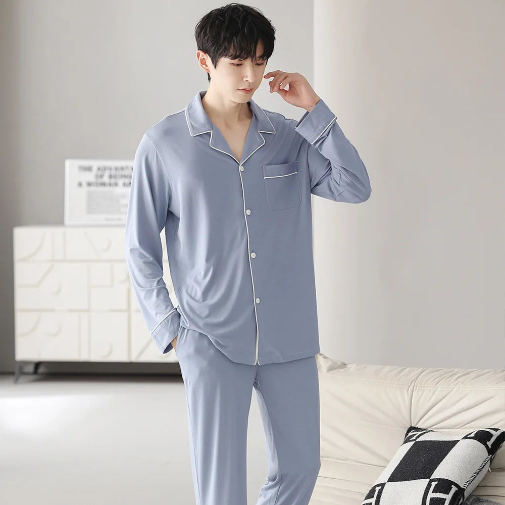Autumn Pajamas Sets Men Long Sleeve Modal Cotton Thin Teenage Boys' Large Size Spring Outwear Home Cloth Suit Sleepwear Male