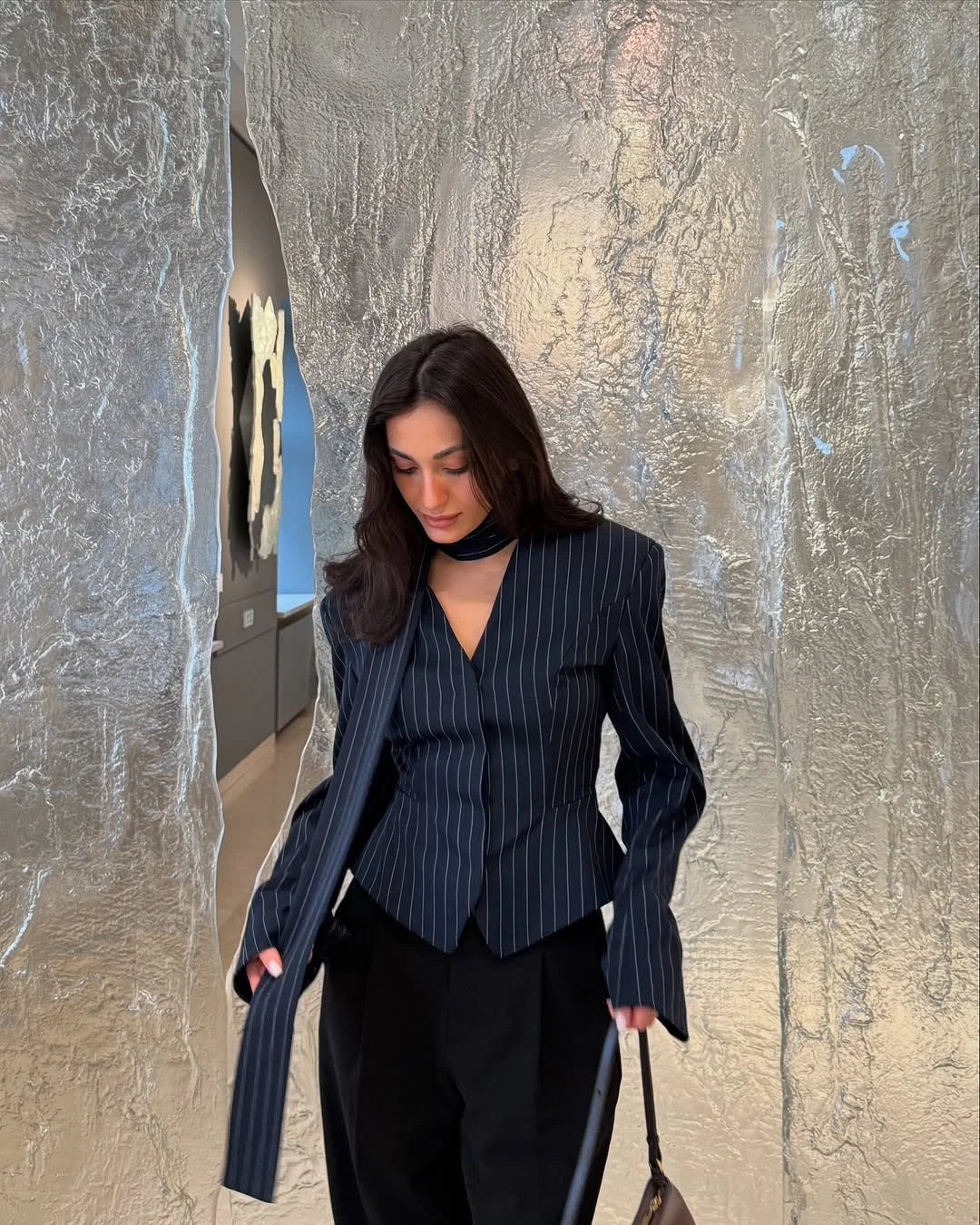 Tossy Elegant Female Striped Suit Coat For Women Scarf Lace-Up Patchwork V-Neck Long Sleeve Luxury Outwear Female Jackets Coat