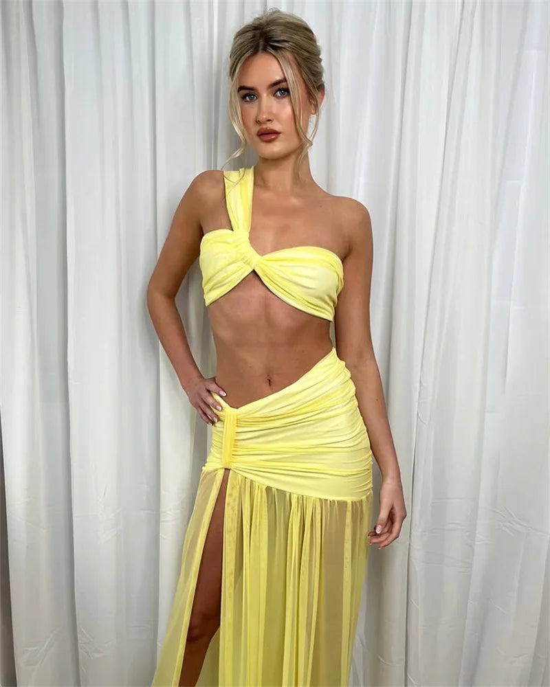 Mozision Summer Sexy Skirt Two Piece Sets Women One Shoulder Crop Top And Maxi Skirt Female Elegant Beach Club Party 2 Piece Set