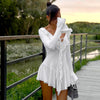 Ruffled Lace-Up White Mini Dress Women's V-Neck Patchwork Long Sleeve Sexy Slim Dress Bandage Elegant Female Summer Dress