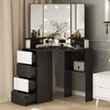 Vabches Corner Vanity Makeup Desk with Lights Tri-Fold Mirror Bedroom Vanity Table with Power Strip 4 Drawer Wood Dressing Table