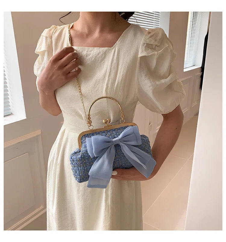 Glittering Chain Plaid Pattern Evening Bag For Women Bow Decor Shoulder Bag, Fashionable Elegant Clutch, Women‘s Crossbody Bag
