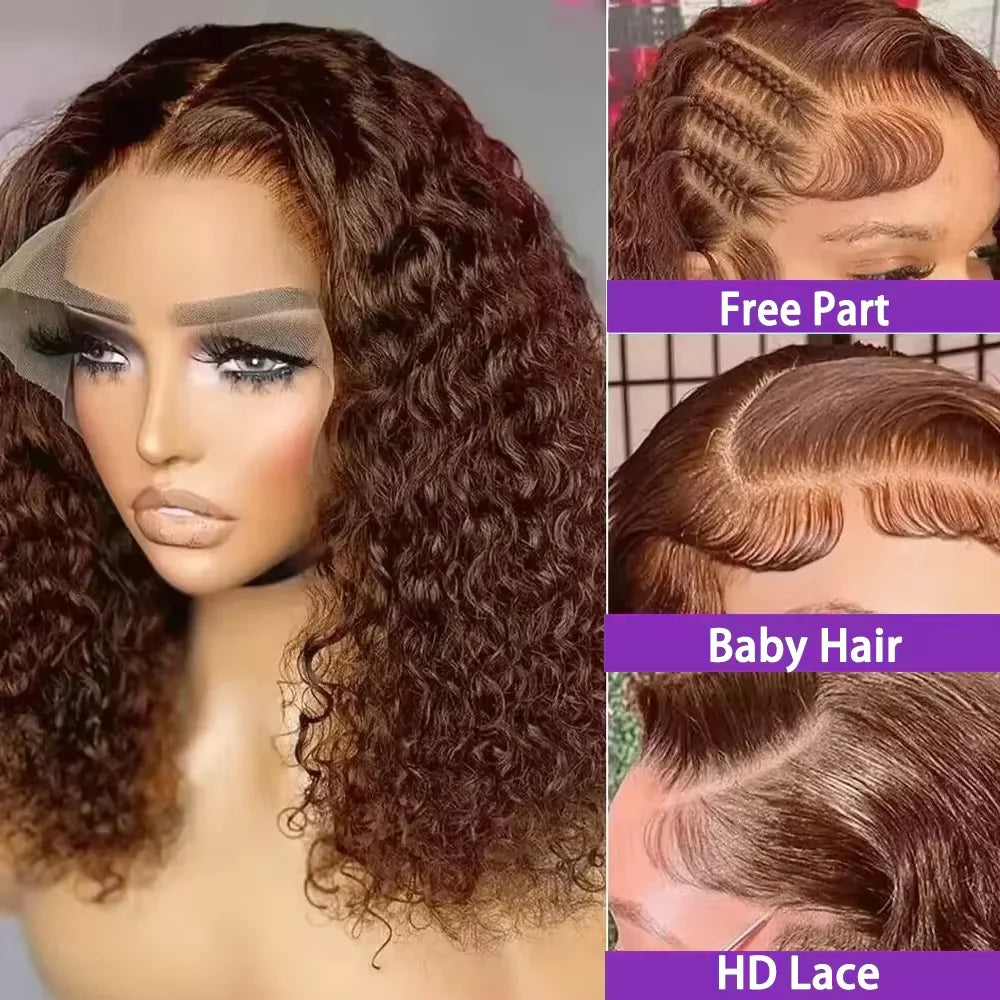 Brown Curly Lace Front Human Hair Wigs 200 Density 13x4 Full Frontal Brown Colored Deep Water Wave Wigs HD Lace Wigs