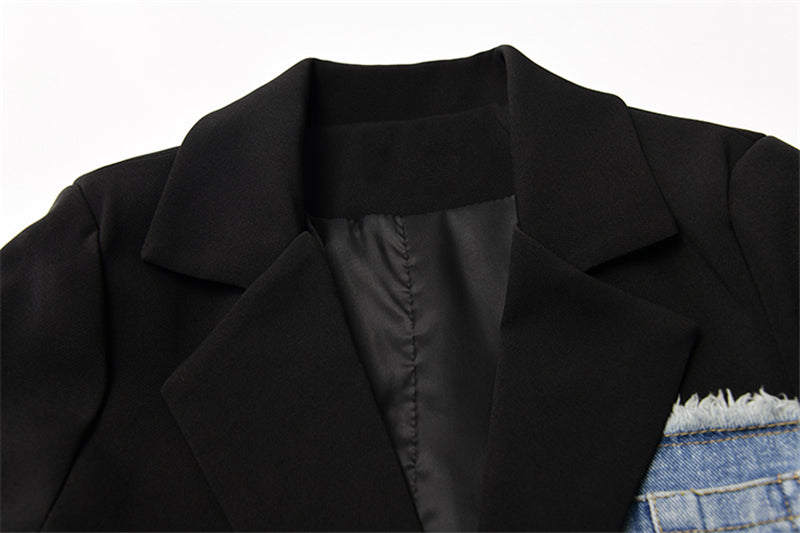 Women Vintage Fashion Blazer Denim Patchwork Jackets 2022 Autumn Winter Irregular Coat Women Long Sleeve Loose Korean Outerwear