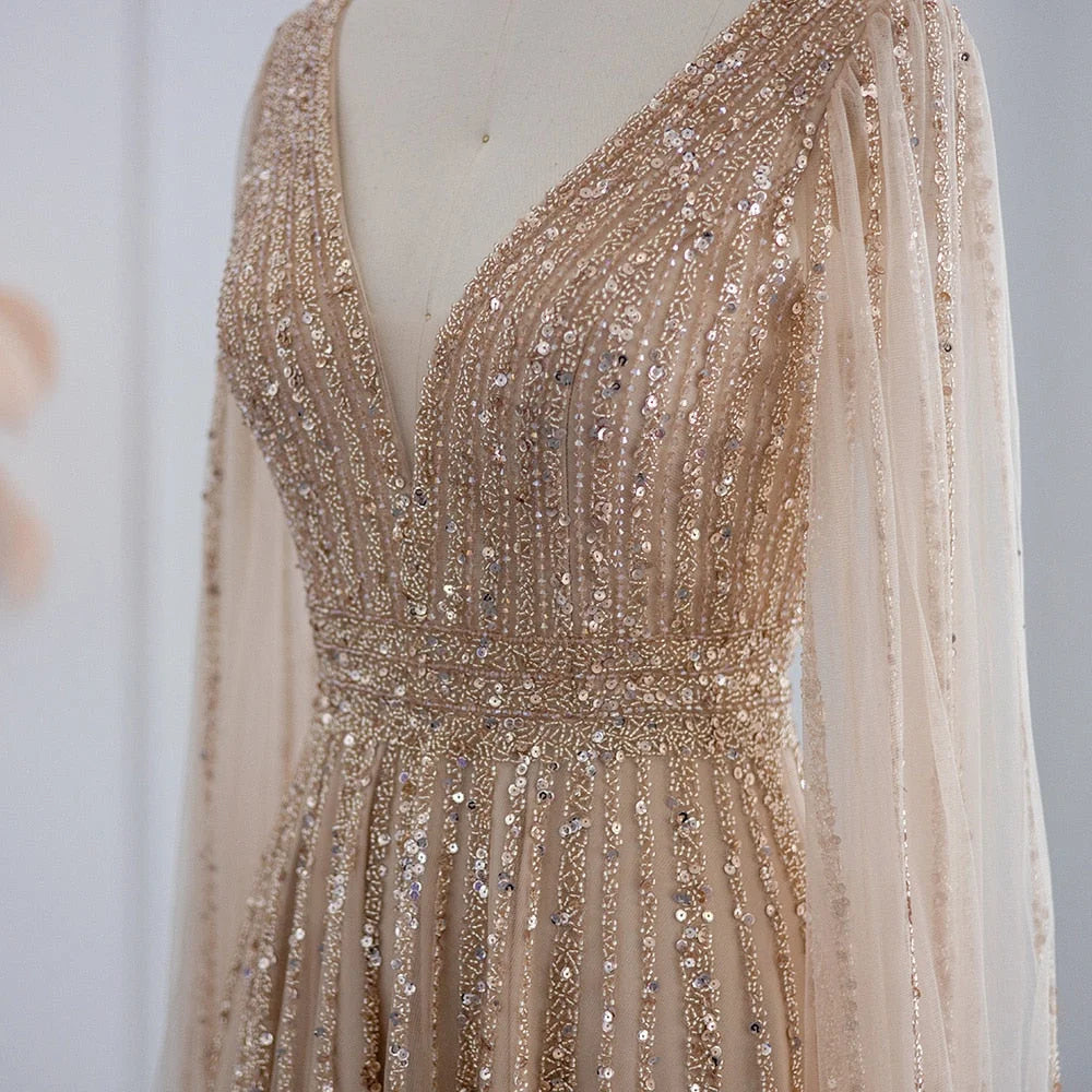 Bella Champagne Glitter Evening Dresses Vneck A-line Wedding Dress Elegant Floor-Length Long Shawl Customized Vestidos De Fiesta