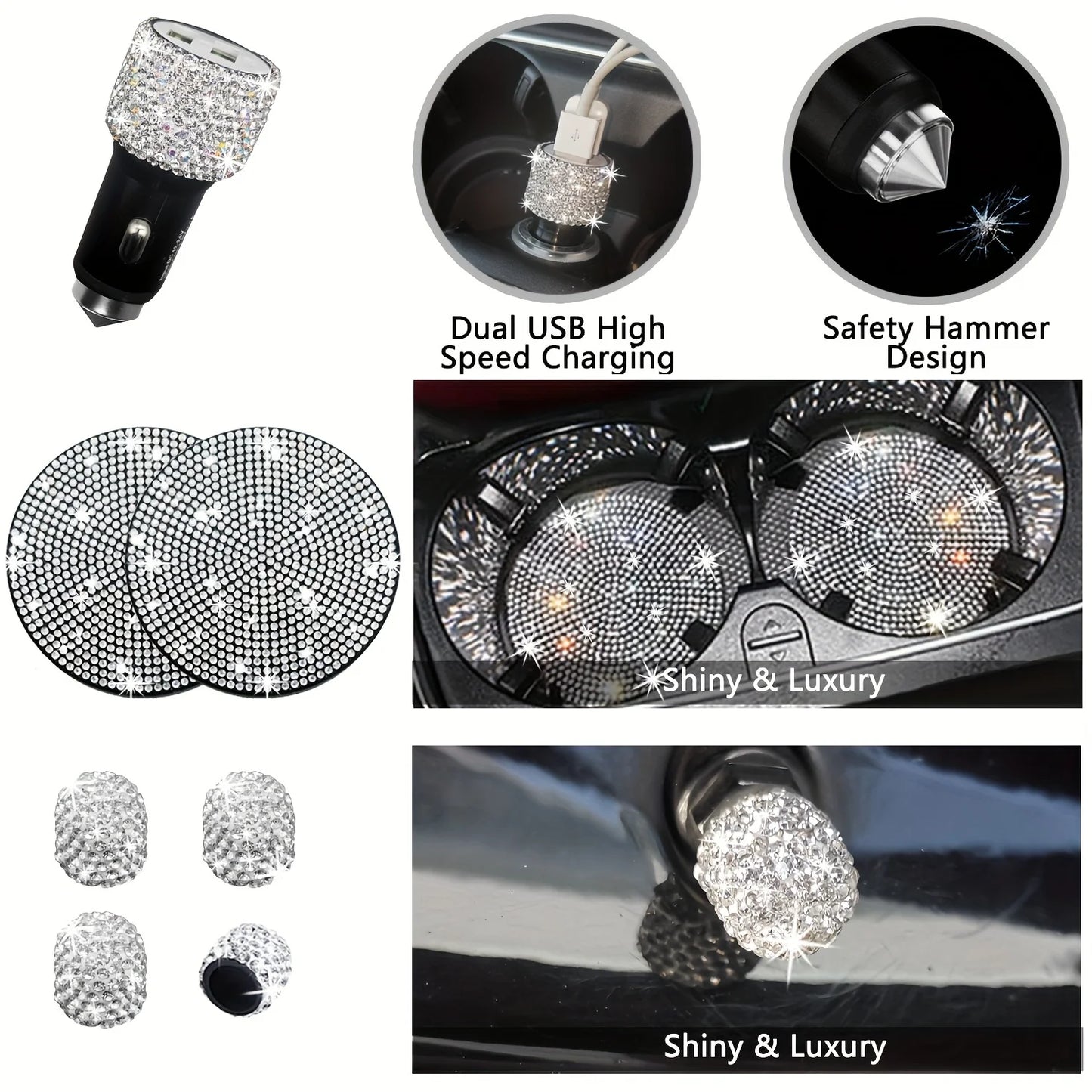 Car Accessories Set 27/4Piece Women Bling Universal Fit Polyester Steering Cover Shiny License Frame Phone Holder Coasters Tools
