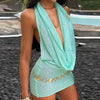Knit Sequin Halter Mini Dress Women Sexy Deep V-neck Sleeveless Backless Hip Package Party Evening Dresses Chic Ladies Beachwear
