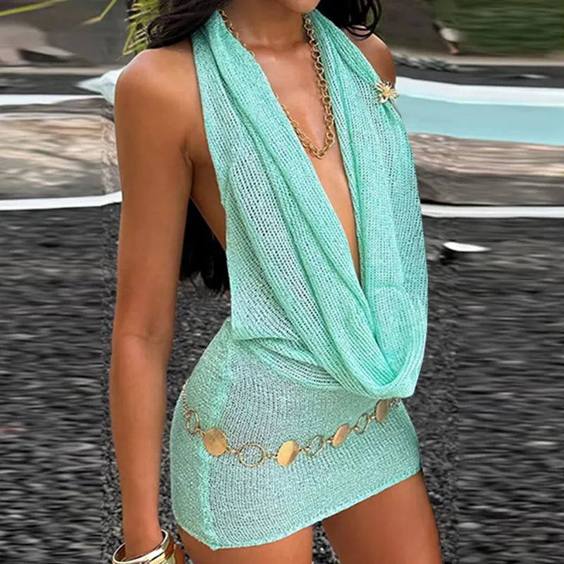 Knit Sequin Halter Mini Dress Women Sexy Deep V-neck Sleeveless Backless Hip Package Party Evening Dresses Chic Ladies Beachwear