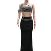 Luxury Celebrities Evening Club Outfit for Women Sexy Black Single Shoulder Diamonds Long Skirts and Crop Tops Two 2 Pieces Suit