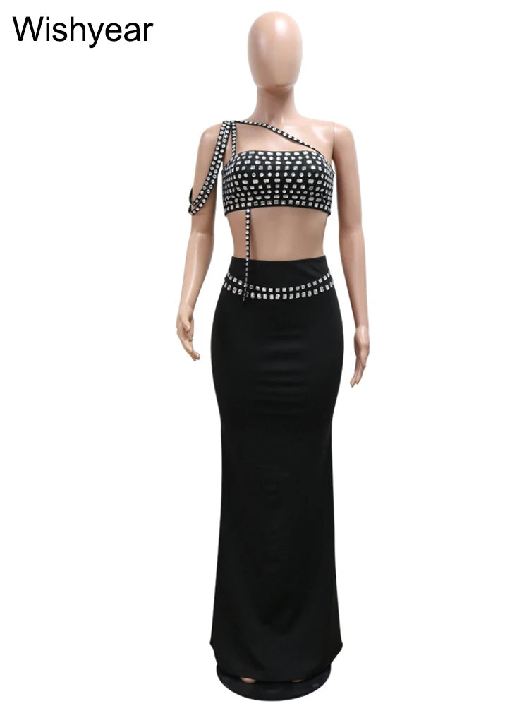 Luxury Celebrities Evening Club Outfit for Women Sexy Black Single Shoulder Diamonds Long Skirts and Crop Tops Two 2 Pieces Suit