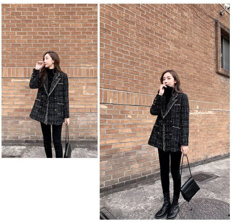 Tweed Plaid Suit Jacket Women Outwear Loose Mid-Length Double-Breasted Casual Woolen Blazer Top 2024 Spring Autumn New Chic Suit