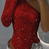 2025 Spice Girls Sexy Sequin Top One-Shoulder Tight Rhinrhinone Solid Color Silver One-Piece Fashion Party Nightclub Summer Top
