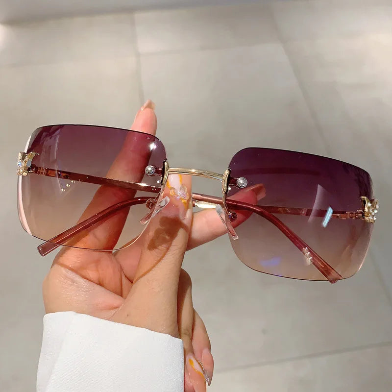 Y2K Luxury Brand Designer Rimless Square Sunglasses Women For Female Trendy Sun Glasses Diamond Butterfly Pink Punk Shades UV400