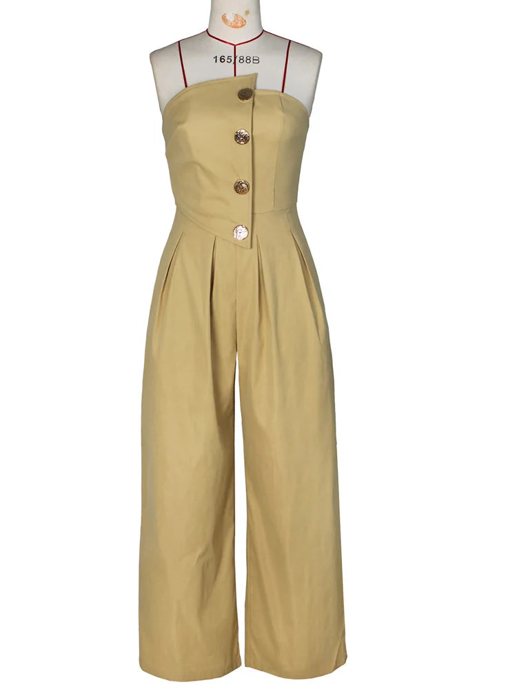 Beyprern New Chic Button Details Palazzo Jumpsuit One Piece Outfits Womens Ruched Strapless Wide Legs Jumpsuits Romper Clubwear