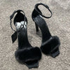 2025 Early Spring New Mink Hair High Heels One-word Sandals Square Head Stiletto Women's Shoes