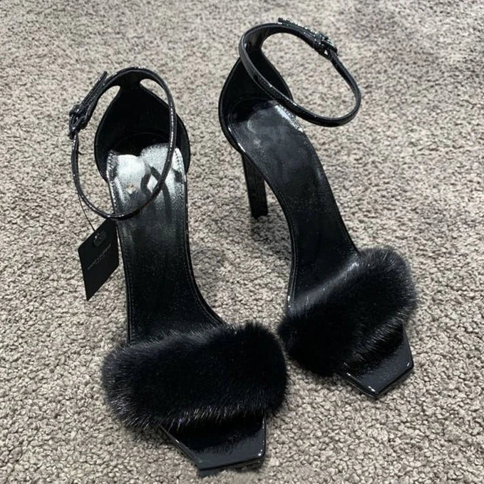 2025 Early Spring New Mink Hair High Heels One-word Sandals Square Head Stiletto Women's Shoes