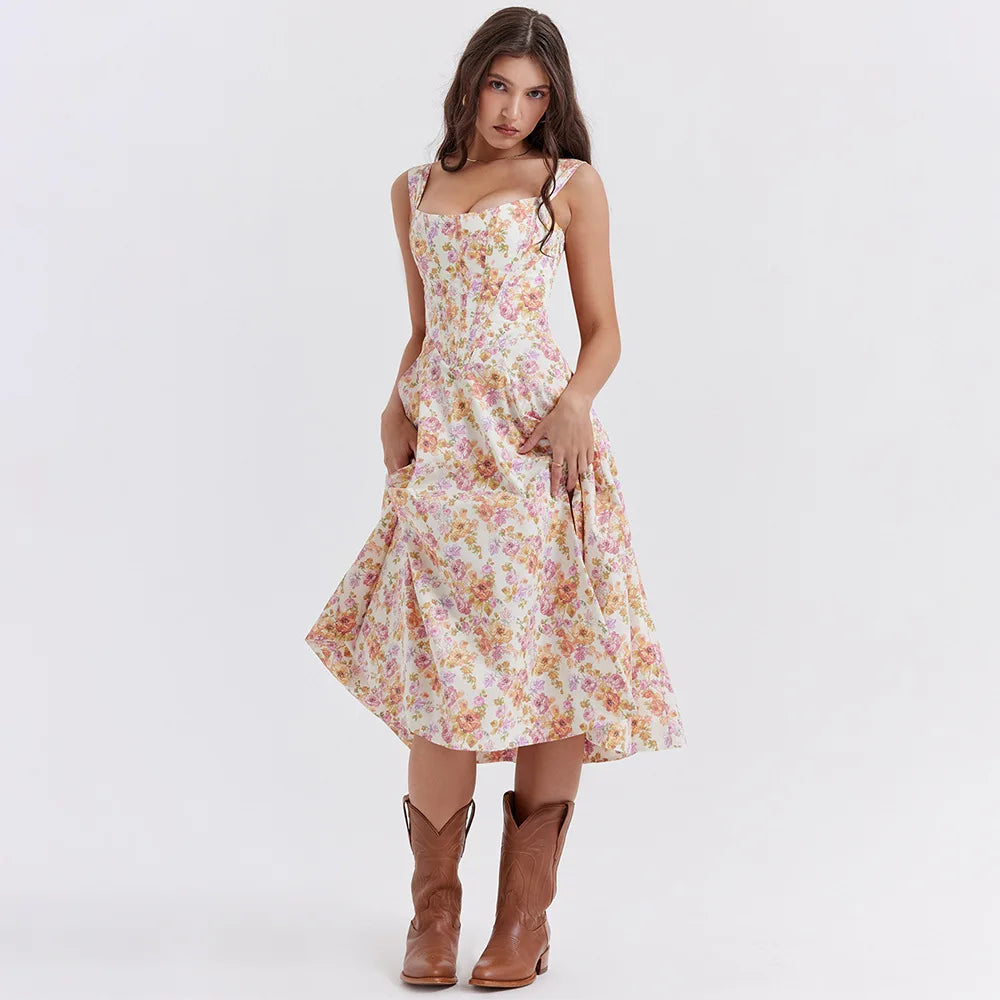 Suninheart Summer Pink Floral Print Corset Dress Midi Elegant Sexy Party Dresses Holiday Birthday Casual A Line Women Clothing
