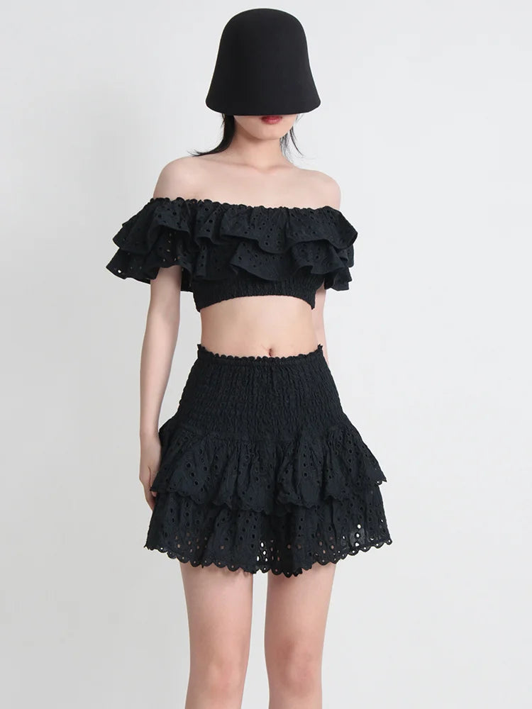 TWOTWINSTYLE Hit Color Print Casual Two Piece Sets For Women Slash Neck Short Sleeve Top High Waist Skirt Summer Set Female New