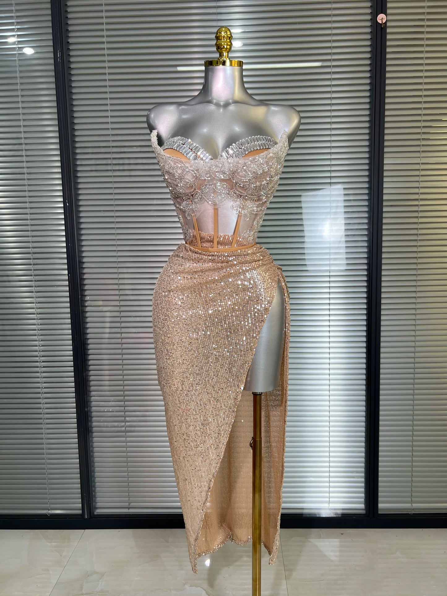 Summer New Women Sexy Strapless Two Pieces Set Glitter Night Club Skirt Suits Laced Singer Dancer Stage Performance Costume