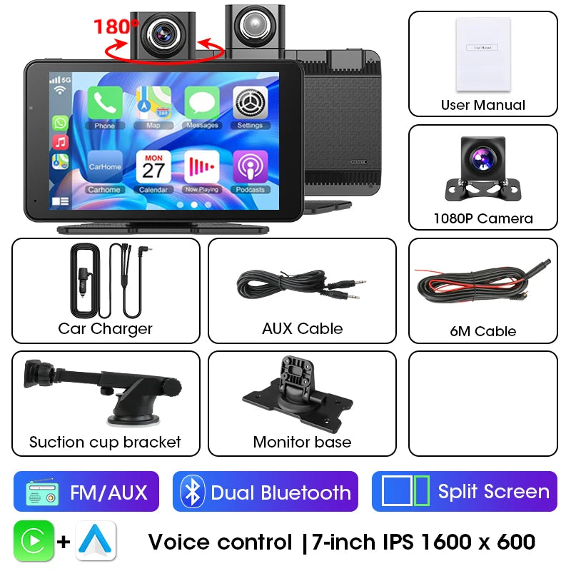 Jansite 7" Car DVR 2.5K Dash cam Wireless Carplay Android Auto Front and Rear Camera Dashboard Driving Recorder Dual Lens Wifi