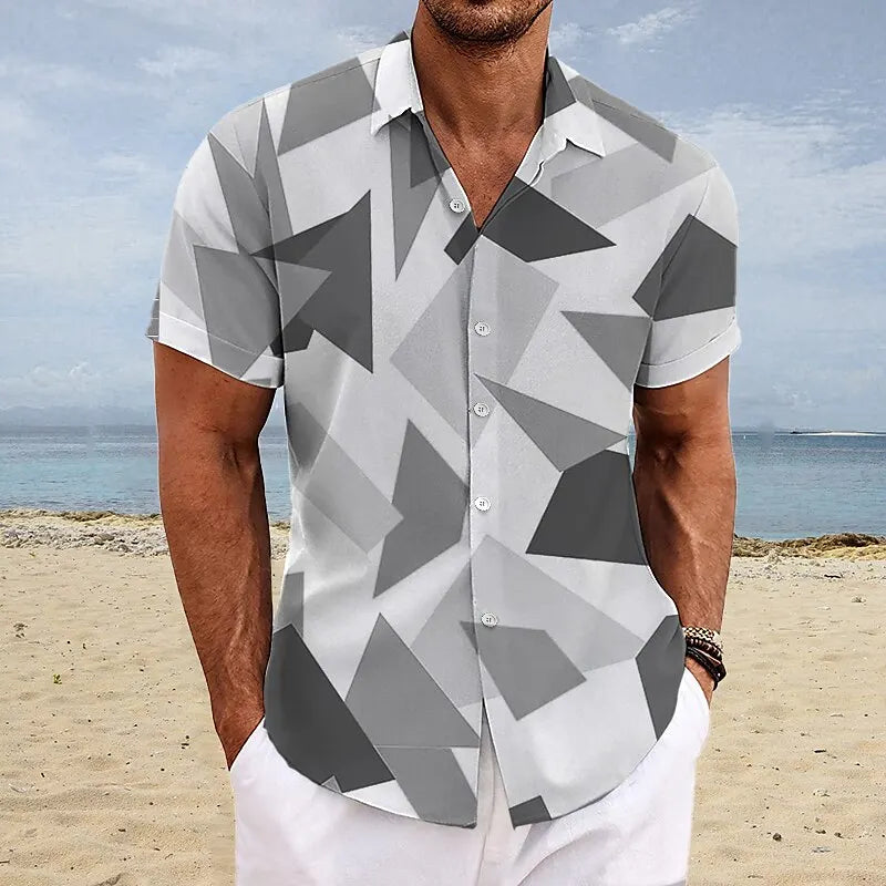 Men's Geometric Print Short Sleeve Shirt Hawaii Beach Casual Men's Cardigan Top Stylish And Comfortable Men's Shirt