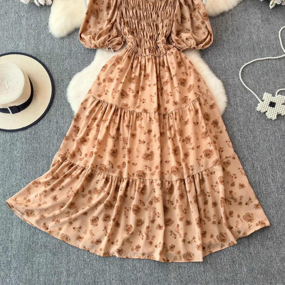 2024 New Summer Flower Print Long Dress Women Vintage Square Neck Ruched Chest Sash Bandage Sundress Party Vestidos
