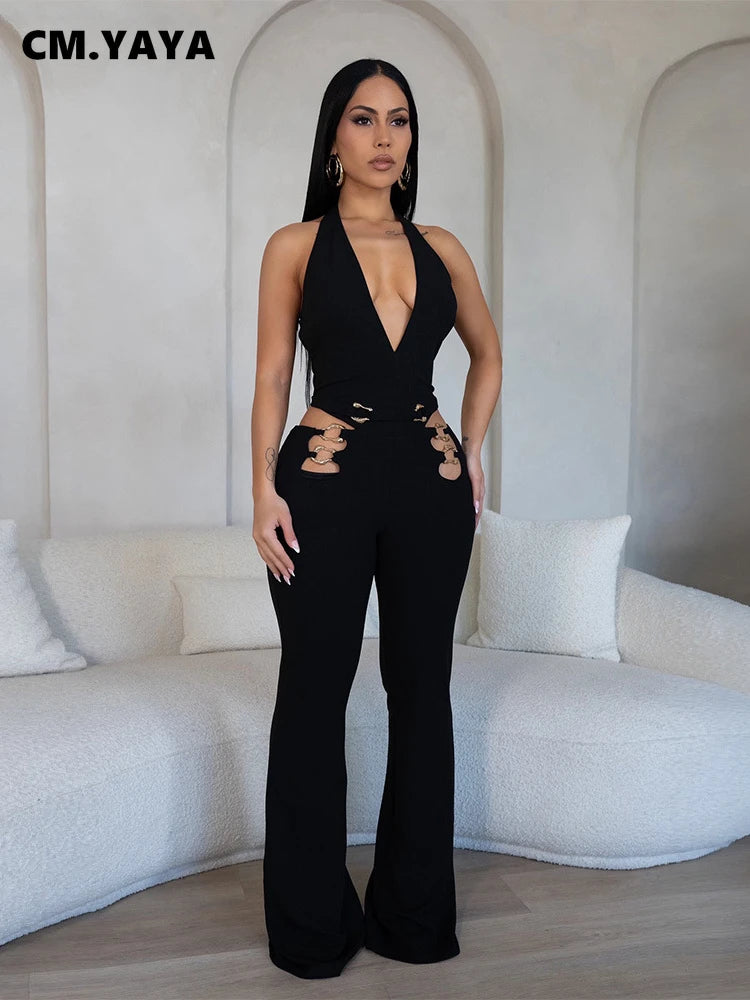 CM.YAYA Women V-Neck Backless Straight Sleeveless Flare Jumpsuits 2025 Summer Hollow Out Sexy One Piece Set Streetwear Outfits