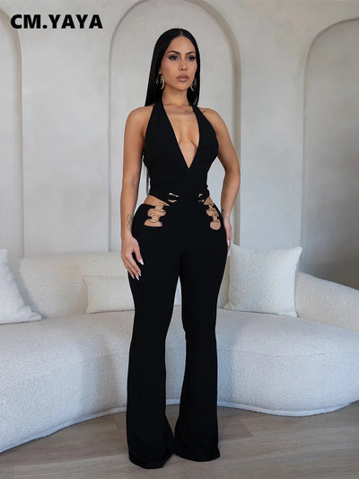 CM.YAYA Women V-Neck Backless Straight Sleeveless Flare Jumpsuits 2025 Summer Hollow Out Sexy One Piece Set Streetwear Outfits
