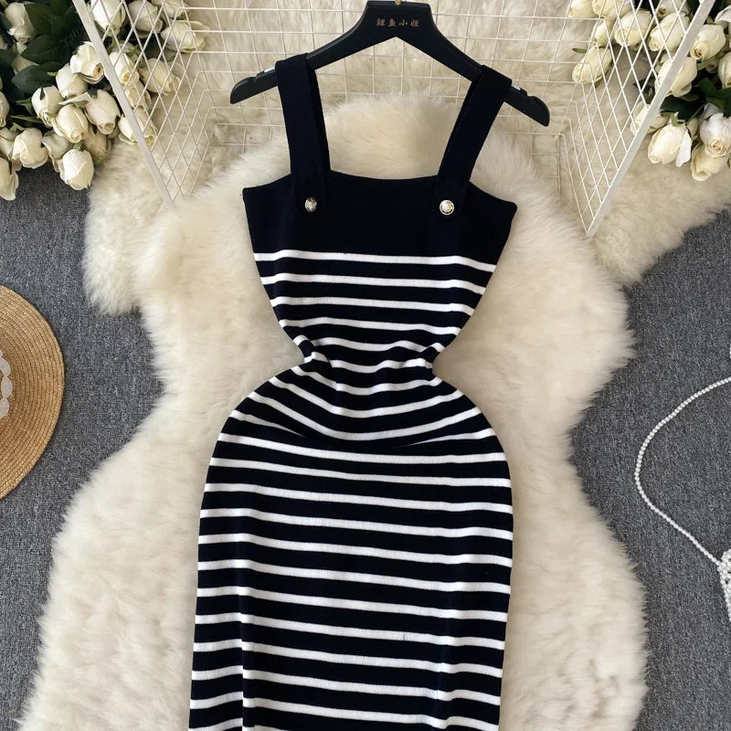 Striple 2024 Sexy Summer Knit Strap Dress Women Tank Elatic Waist Bodycon Sundress Female Beach  Backless Midi Dress