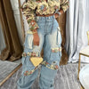 BWQ Washed Denim Women's Set Full Sleeve Floral Jacket and Pockets Cargo Jeans Pants Suit 2025 Street Two 2 Piece Set Outfit