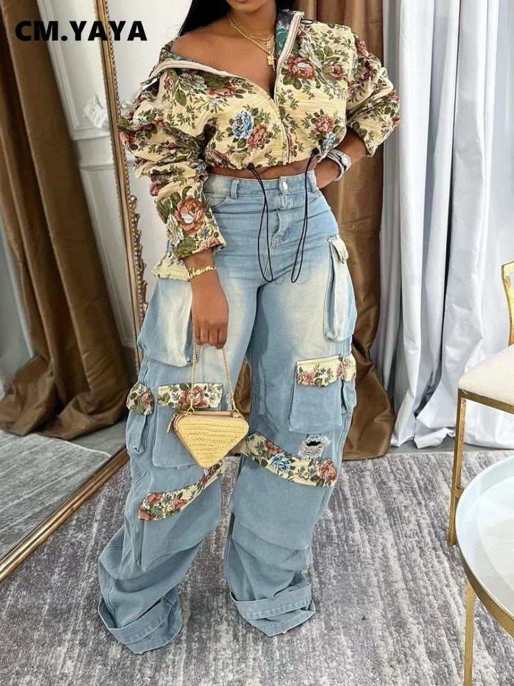 BWQ Washed Denim Women's Set Full Sleeve Floral Jacket and Pockets Cargo Jeans Pants Suit 2025 Street Two 2 Piece Set Outfit