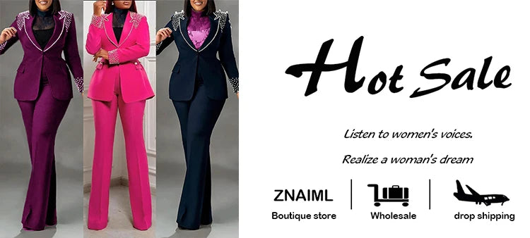 Znaiml Elegant Formal Office Lady Two 2 Pieces Women Clothing Pearls Blazer Coat and Straight Pants Work Business Matching Sets