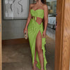 Hugcitar Fashion 2 Pcs Sets Strapless Tie Flower Draped Sexy Crop Tank Top Slit Tassel Maxi Skirt Women Outfit Festival Party
