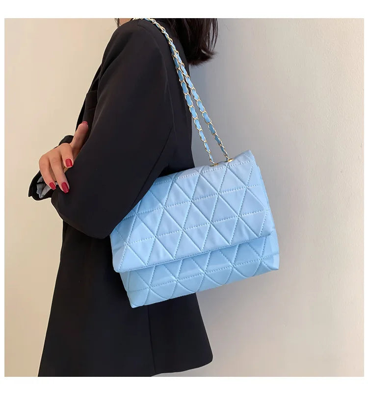 Fashion Blue Pu Flap Bag Golden Large Capacity Niche Geometric Handbag Women's Bag Embroidery Thread Metal Chain Shoulder Bag