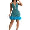 Elegant Luxury Sequins See Through Feather Mini Dress Celebrity Halter Backless Women‘s Sexy Birthday Party Nightclub Vestidos