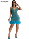 Elegant Luxury Sequins See Through Feather Mini Dress Celebrity Halter Backless Women‘s Sexy Birthday Party Nightclub Vestidos