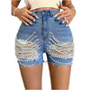 Denim Shorts Women Summer New High-waisted and Thin Handmade Bead Chain Ripped Hot Pants for Women