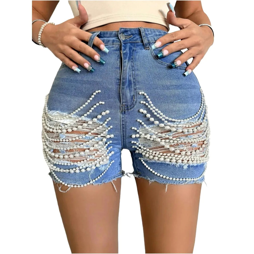 Denim Shorts Women Summer New High-waisted and Thin Handmade Bead Chain Ripped Hot Pants for Women